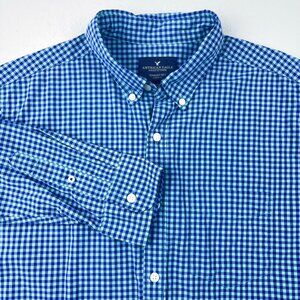 American Eagle Shirt Button Down Gingham Plaid Check Navy Blue & Green Soft aeo